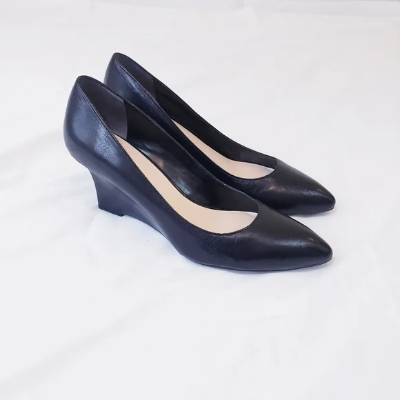 Franco Sarto Frankie Black Wedge Pump Size 7 Leather Wedged Heel Pointed Toe - Picture 1 of 14